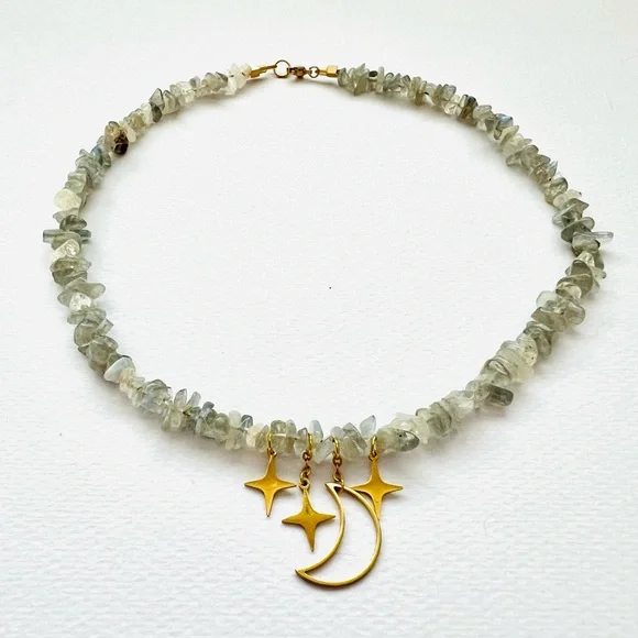 Starry Night natural gemstone lapis lazuli moonstone beads statement necklace - Picture 9 of 10